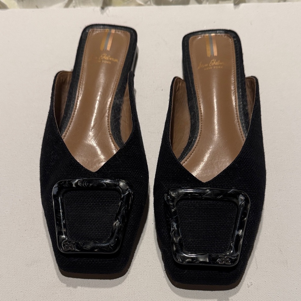 Sam Edelman Black Slip-On Mules with Marbled Buckle Accent